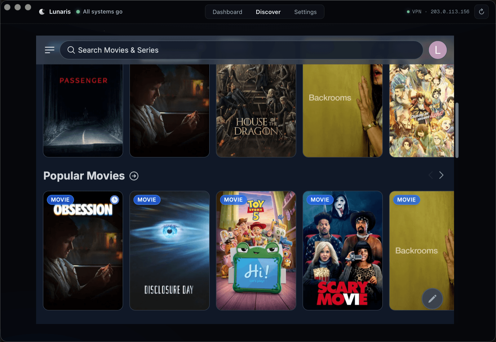 The Lunaris Discover tab, browsing movies minutes after setup